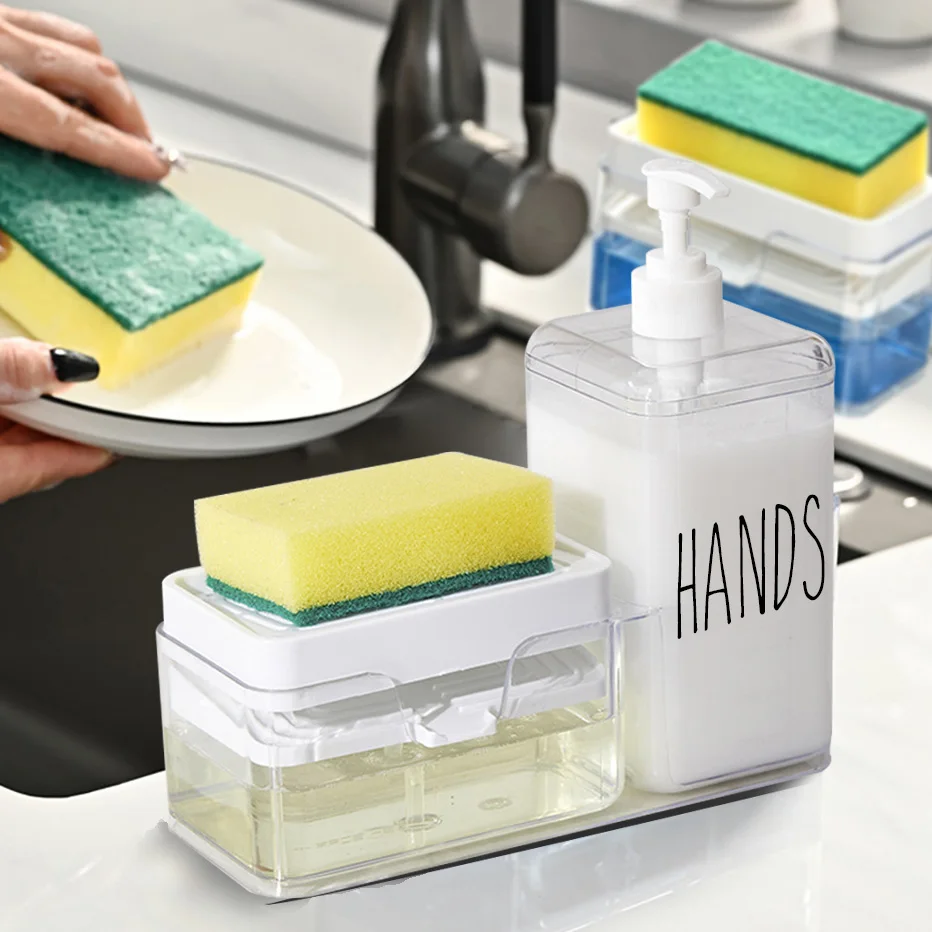 2-in-1 Hands Dishes Soap Dispenser Container Hand Press Liquid Soap Bottle Kitchen Countertop Soap Dispenser with Sponges