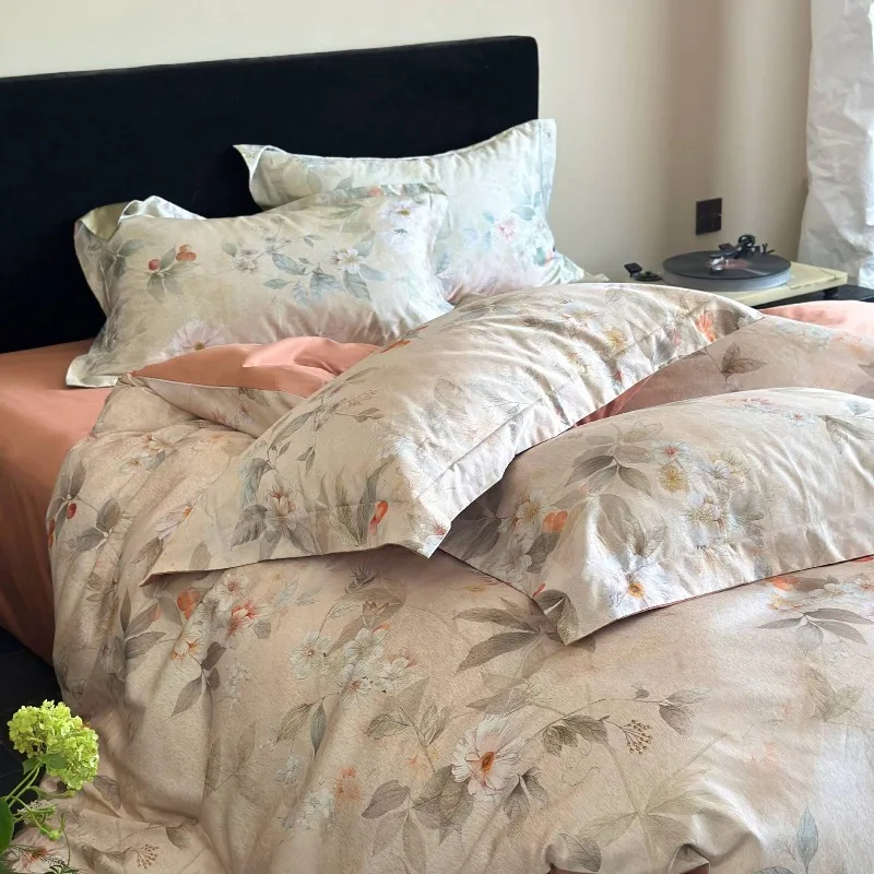 100S Long-staple Cotton Four-piece Set Satin Pastoral Flower Quilt Cover Bed Sheet Pillowcases Polished Bedding Set
