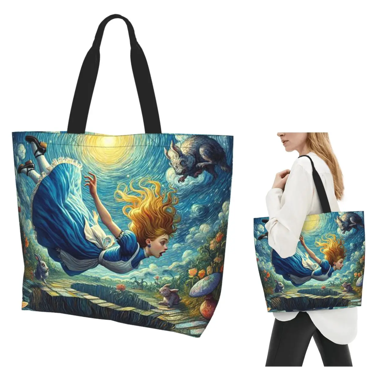 

The Wizard Hole Alice In Wonderland Cartoon Shopping Tote Bag Canvas Shoulder Bags Shopper Grocery Handbag for Women