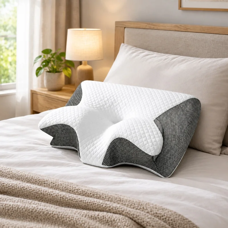Orthopedic Breathable Memory Foam Neck Pillow with Ergonomic Contour for Pain Relief and All-Position Sleep Support