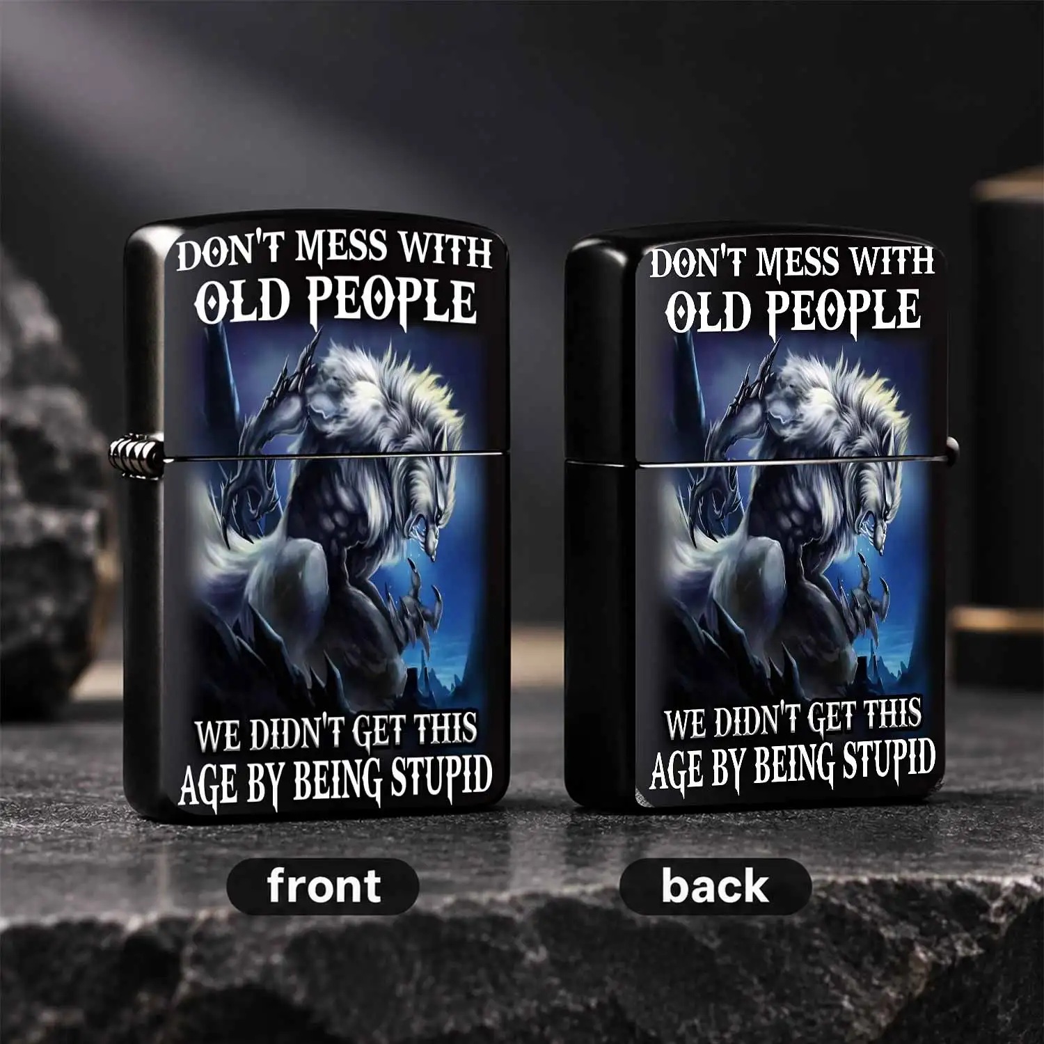 Don'T Mess With Old People Werewolf Themed Lighter, Stylish Fun Slogan Portable Daily Use Lighter For Camping Home Office Daily Scenarios, Cool Unique Werewolf Pattern Practical Small Gift For Friends Family, Durable Exquisite Accessory For