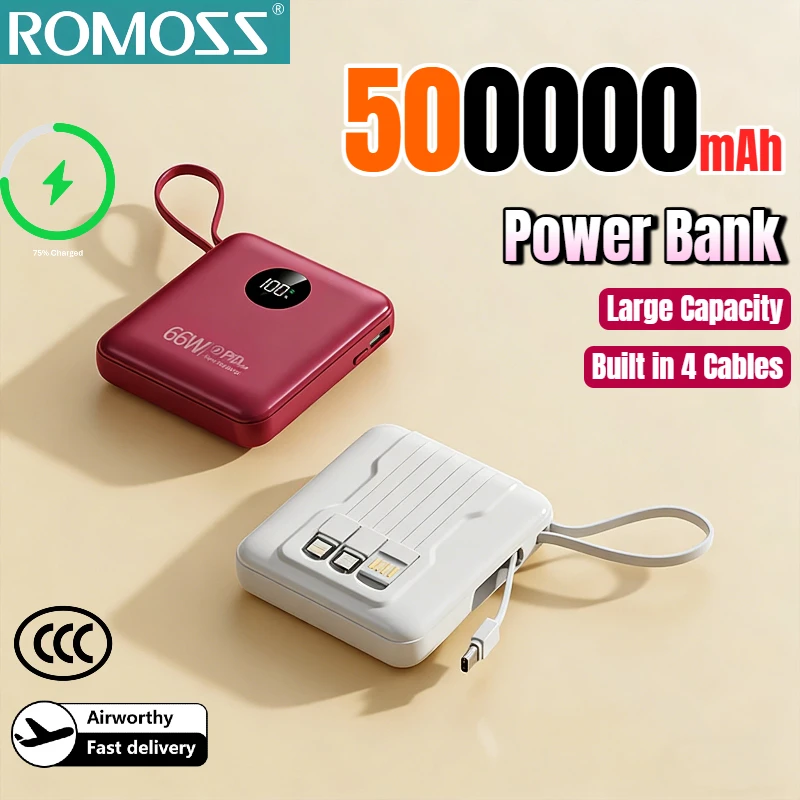 

Внешний аккумулятор ROMOSS 500000 мАч с 4 встроенными кабелями, большой емкостью, быстрой зарядкой и цифровым дисплеем для всех телефонов