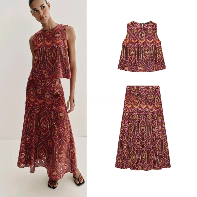 

Комплект из вышитого топа и юбки с высокой талией, женский модный весенний наряд, комплект из двух предметов