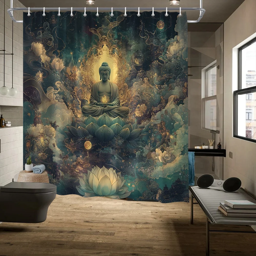 

1pc Serene Green Buddha for Lotus Shower Curtain - Polyester Fabric with 12 Hooks, Mystical Meditation Design Featuring Swirling
