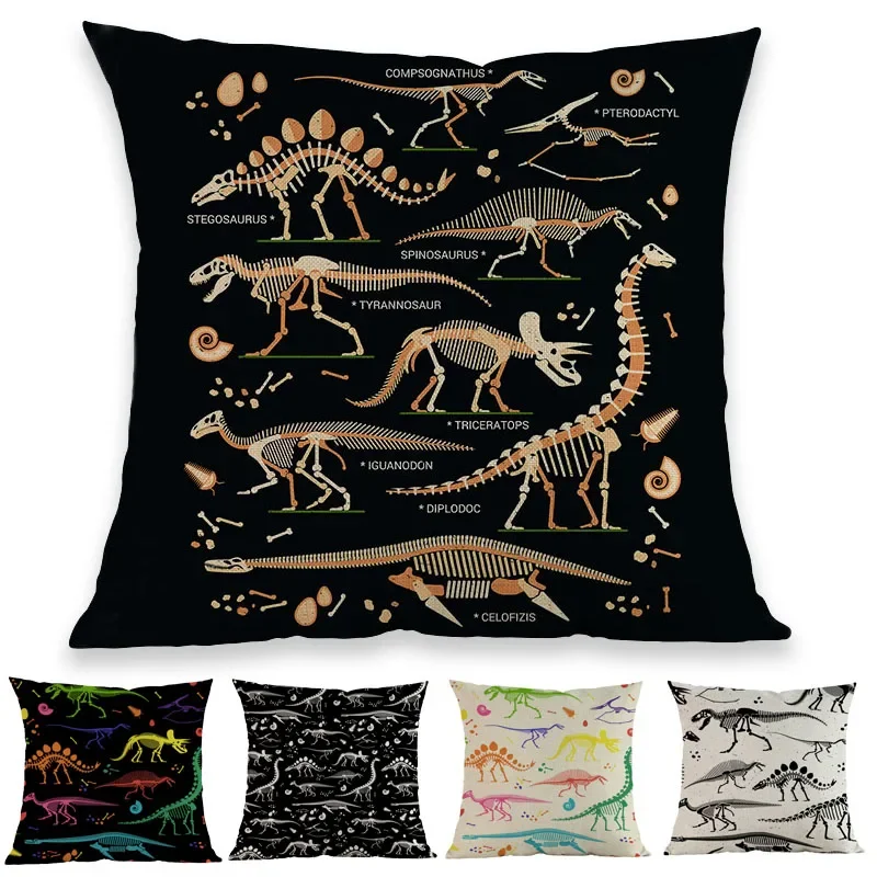 Cartoon Prehistory Jurassic Pattern of Skeletons of Dinosaurs and Fossils Pillow Case Home Decoration Cushion Cover