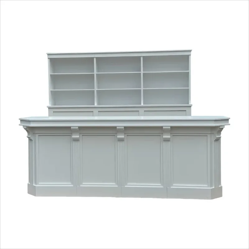Portable white wedding bar with storage racks for outdoor event receptions and hotel beverage services