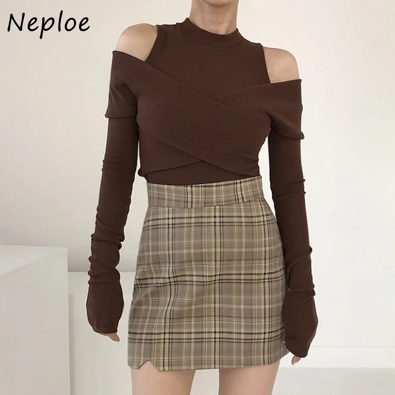 Neploe Temperament Crewneck Shirts Women Sexy Cross Off-shoulder Spliced Design Slim Tees Female Long Sleeve Bottoming T-shirt