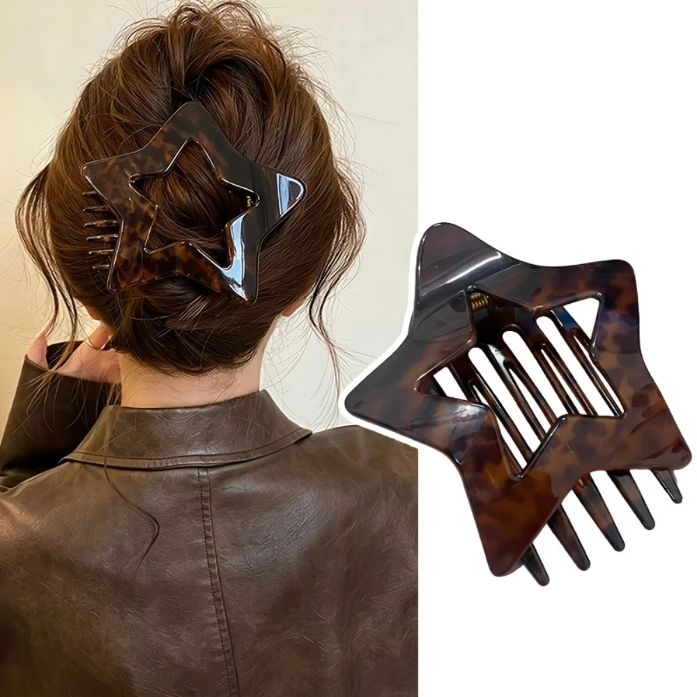 1PCS Vintage Tortoiseshell Five-Pointed Star Hair Claw Clip, Hollow-Out Leopard Print Shark Clips, Stylish Hair Clip for Women