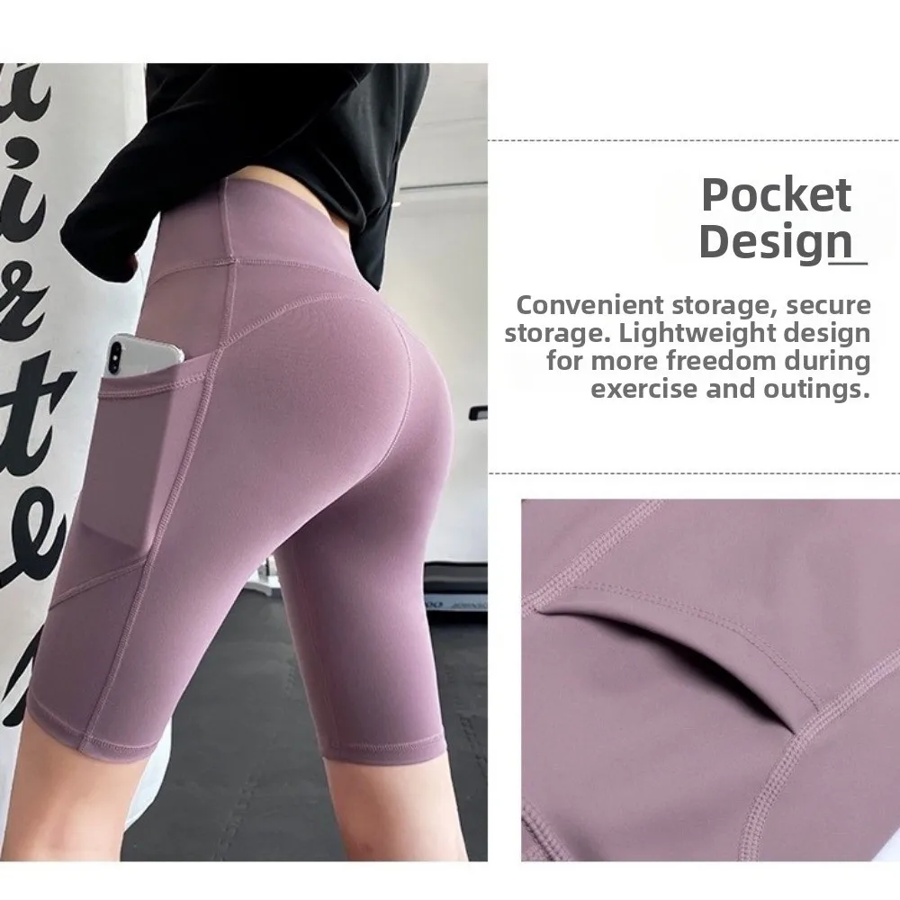 High Waist Yoga Shorts Stretch Fabric Breathable Skinny Leggings Solid Color Seamless Design Sports Shorts Yoga Practice