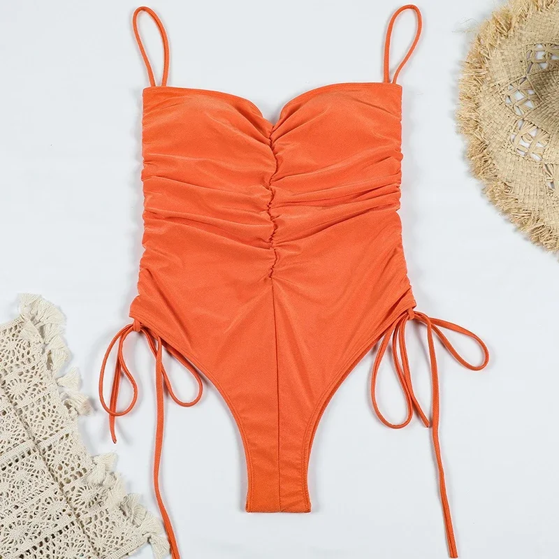สายรัดเซ็กซี่ชุดว่ายน้ําสําหรับสตรีจีบเอวสูงSuspender One Pieceชุดว่ายน้ํา 2025 ใหม่Beach Holidayชุดว่ายน้ํา