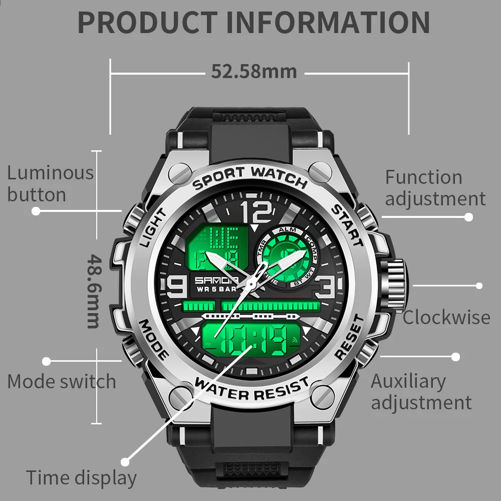 SANDA Men Fashion Sports Watches Dual Display Digital Silicone Strap Quartz Watch For Men 50M Waterproof LED Digital Wristwatch