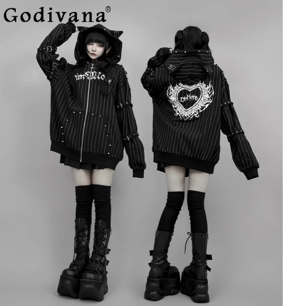 

Subculture Mine Y2k Black Striped Coat Female Sweet Cool Gothic Punk Style Zip Hooded Jacket Harajuku Aesthetic Street Clothes