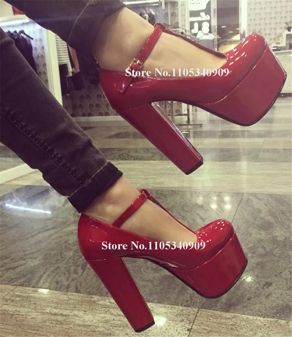 Bondarenko Red Patent Leather Chunky Heel Pumps Round Toe T-straps High Platform Thick Heel Party Heel Big Size Dance Shoes
