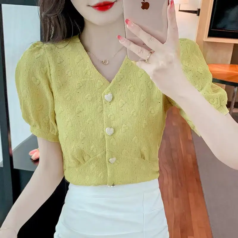 

Summer New Arrival Lace Jacquard V-Neck Bubble Sleeve Stylish Versatile Short Length