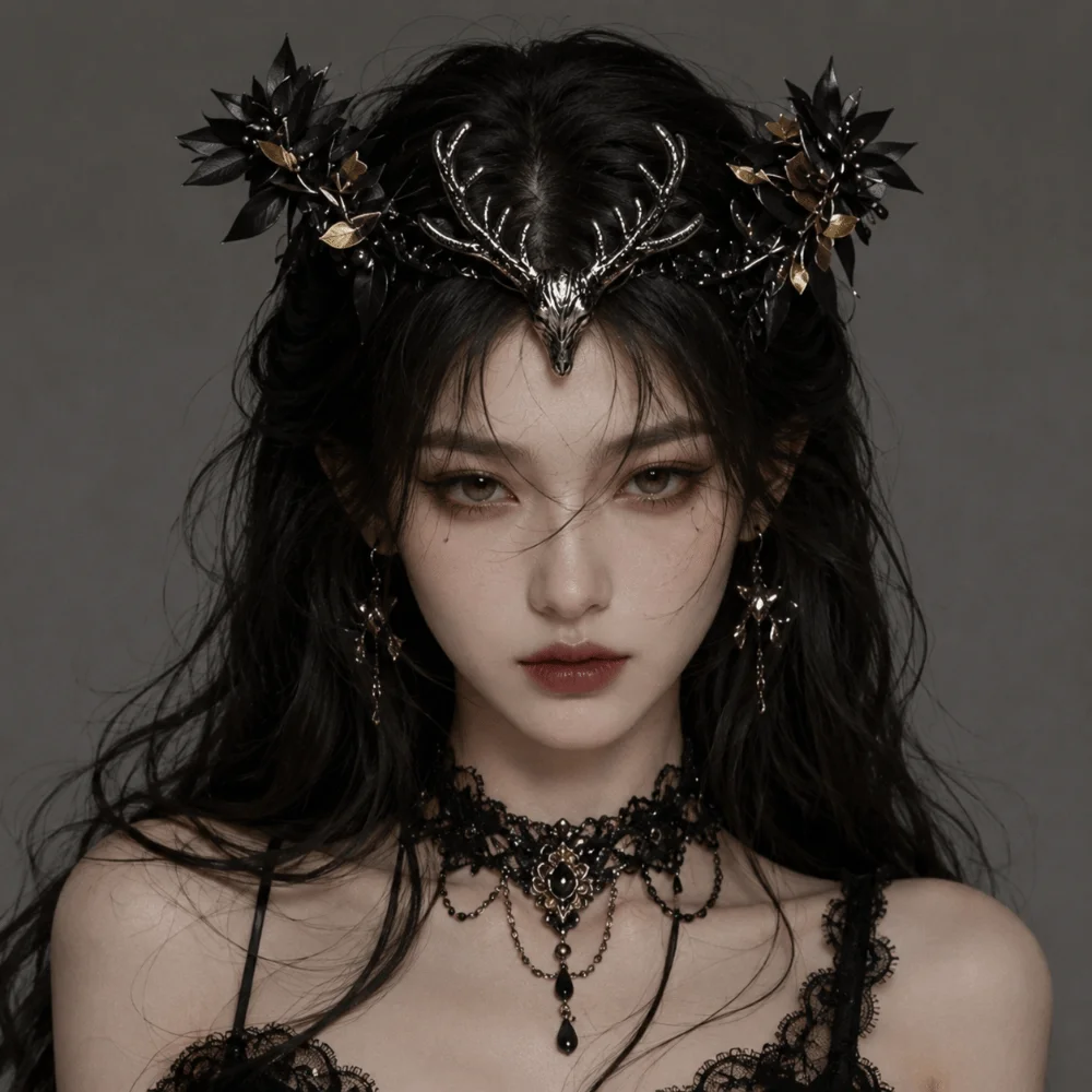 Artificial Floral Elf Tiara Crown Vintage Style Forehead Pendant Floral Wreath Headband Dark Gothic Boho Fairy Headpiece Cosplay