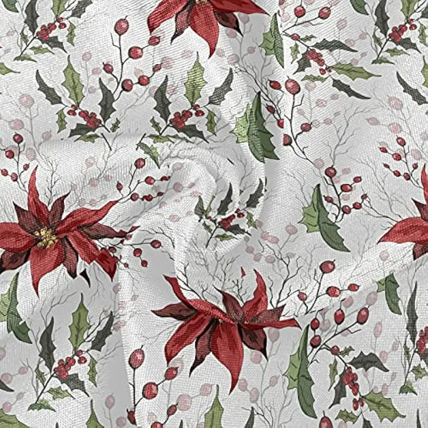 Christmas Flowers Poinsettia Holly Round Table Cloth, Winter Xmas Floral Polyester White Lace Tablecloth Round Table 60 Inch