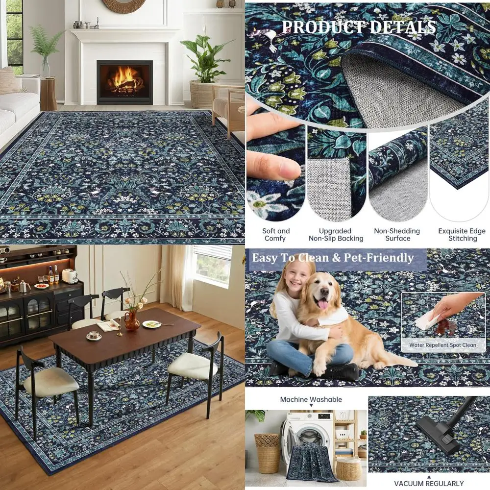 

Large 8x10 Boho Floral Washable Rug for Living Room and Bedroom with Non-Slip Feature in Blue