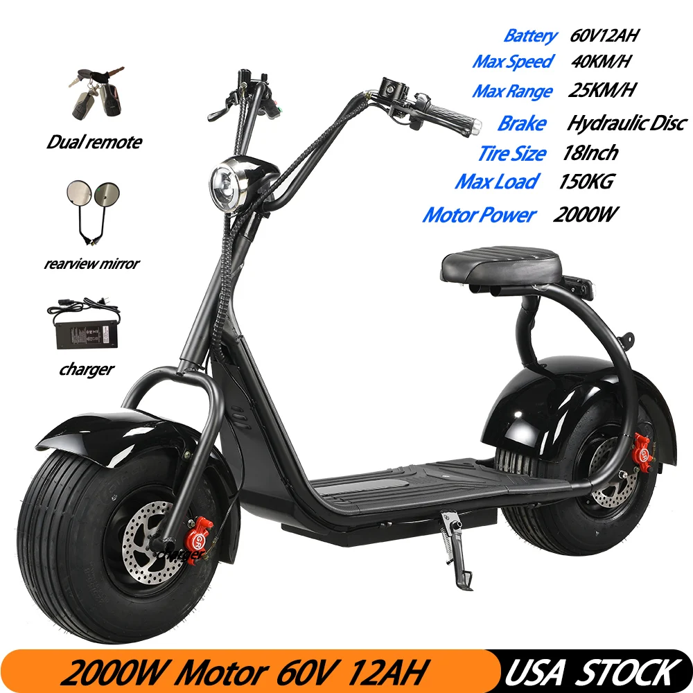 Citycoco Adults Electric Scooter 2000W Motor 60V12AH Removable Lithium Battery Max Speed 45KM/H 18 Inch Fat Tire E Scooter