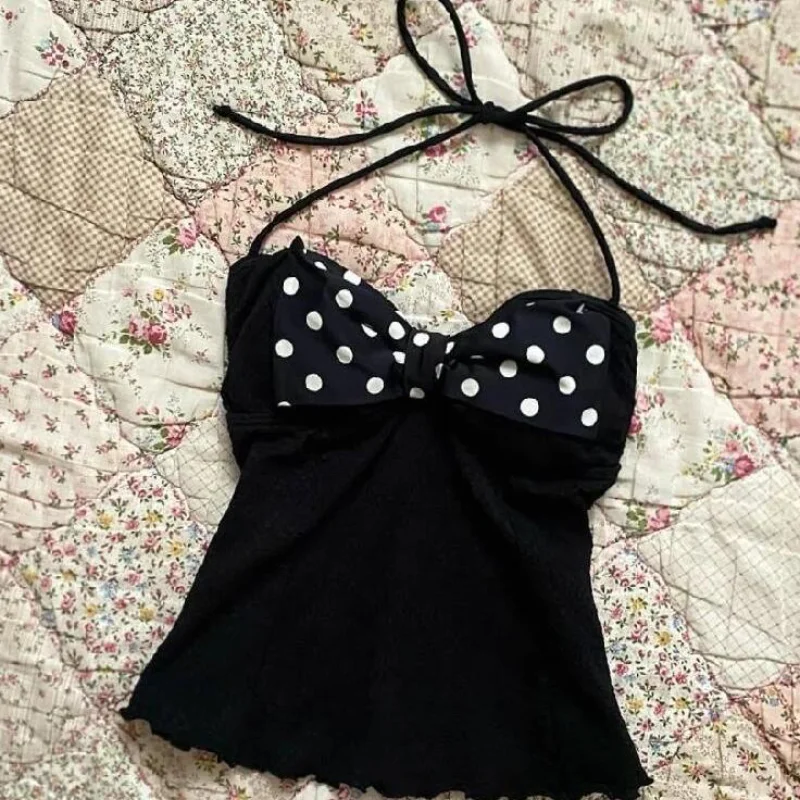 American Sweet Spice Girls Vintage Vest Polka Dot Halter Sling Slim Camis Strapless Minority All-match Short New Tanks