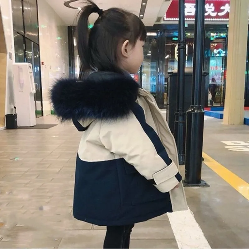 Kids Winter Down Jacket New Fashion Boys Girls Thickened Mid-Long Coat Big Fur Collar Children Clothing