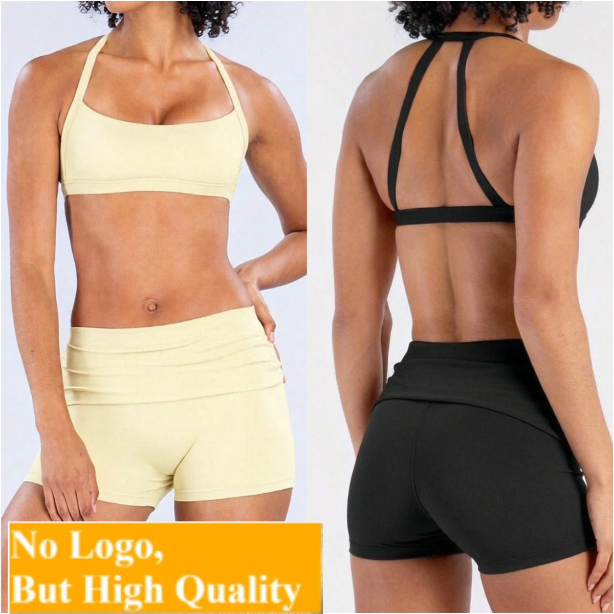 NO LOGO Double shoulder quick drying yoga bra+foldable hip lifting high waist running and training shorts set