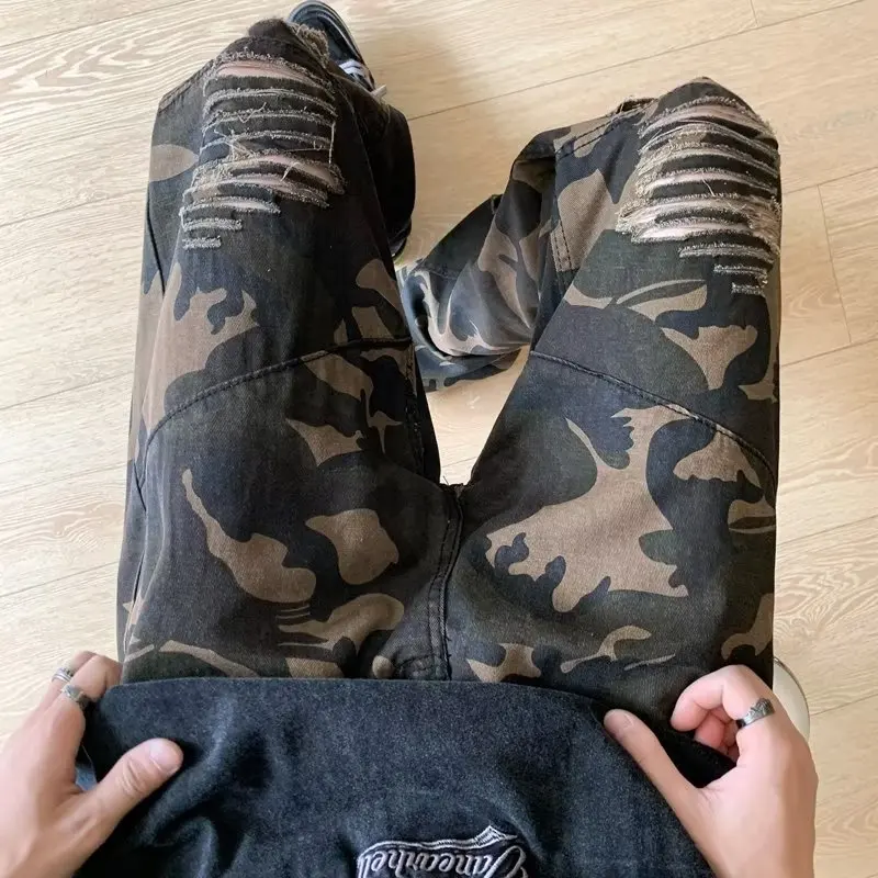 2023 New Fashion Camouflage Baggy Wide Leg Ripped Cargo Y2K Pants Men Clothing Straight Hip Hop Long Trousers Pantalon Homme