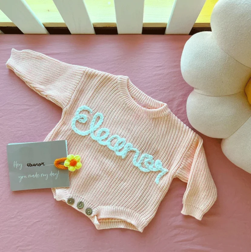 

hand Embroidery Jumpsuit Sweater ，Custom Name , Personalized Baby Sweater, Newborn Girl Coming Outfit winter baby girl clothes