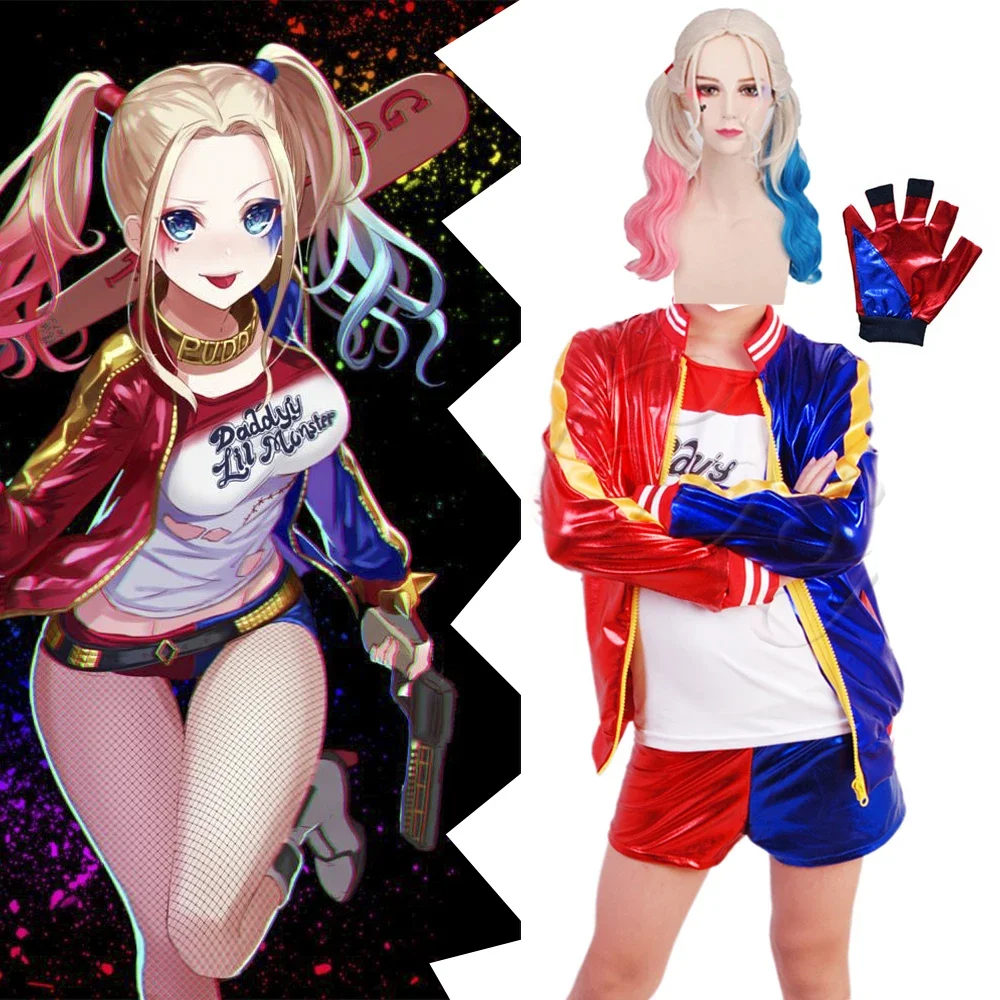 

2025 Anime Harley Cosplay Costumes Kids Girls Quinn T-shirt Jacket Cosplay Uniforms Wigs Halloween