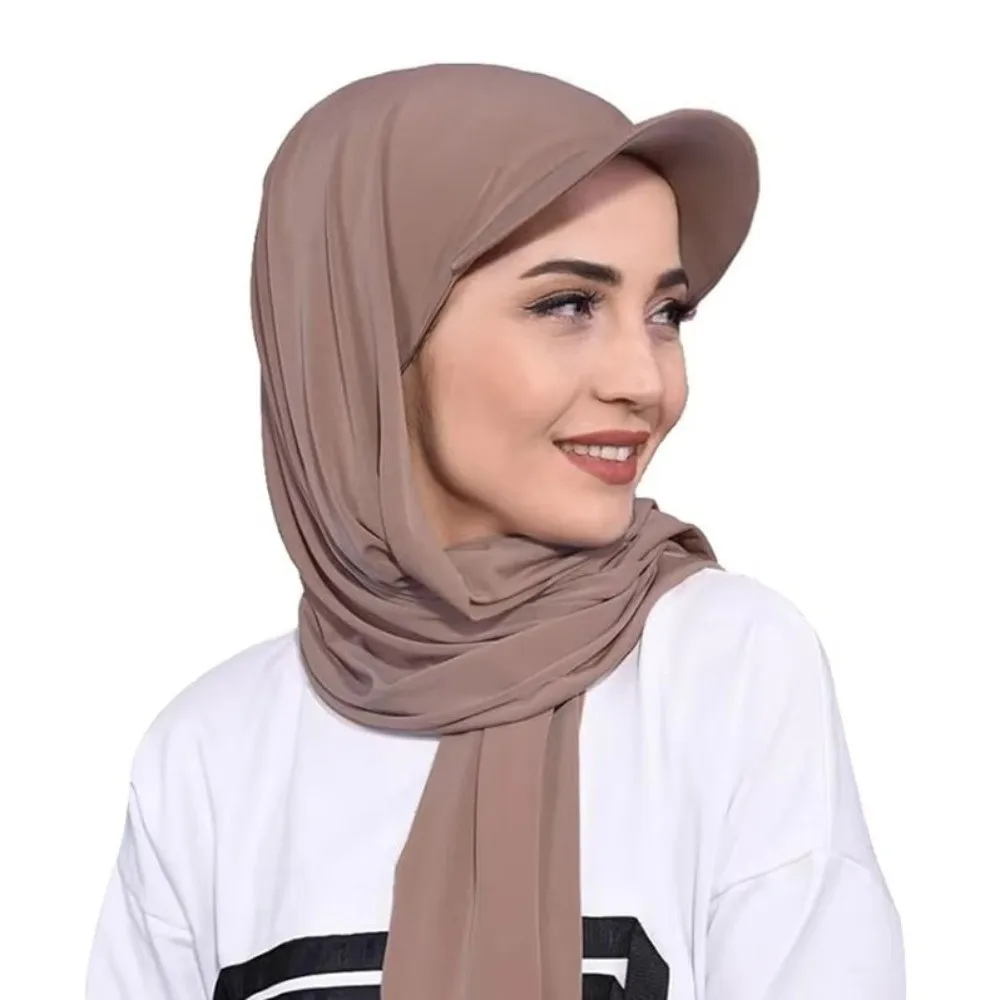 Solid Color Brim Bandana Cap Breathable Simple Hijab Shawl Hat Adjustable Polyester Sun Visor Turban Middle Eastern Style