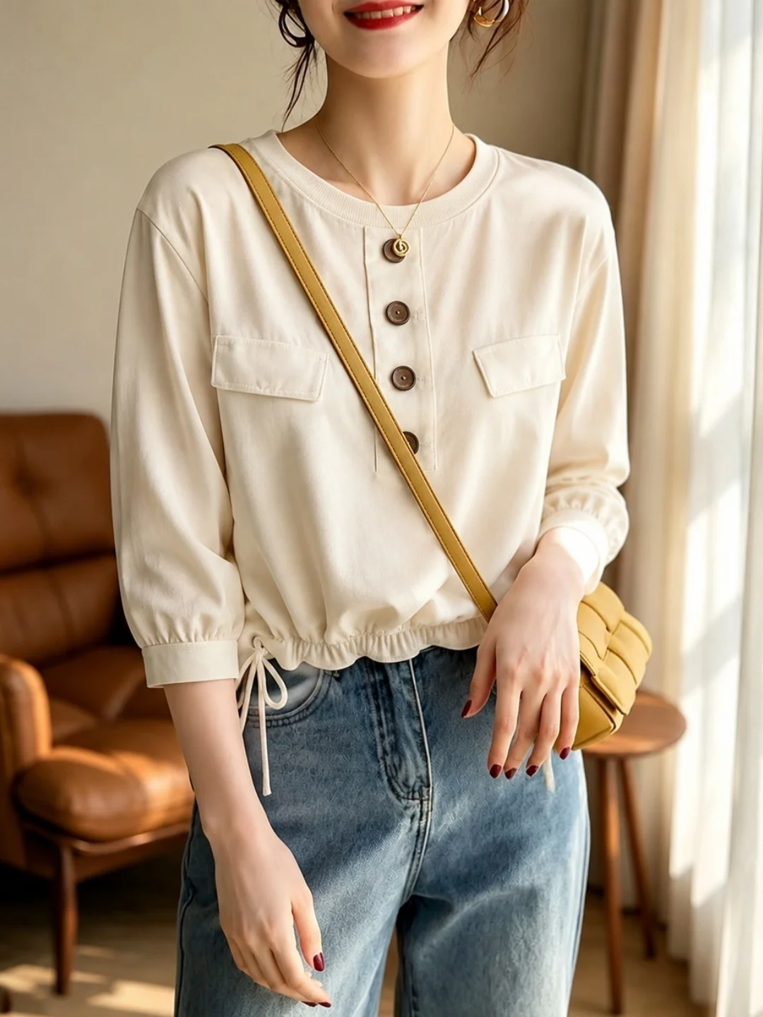 round Neck Drawstring Waist Top Commute Versatile Lazy Style Shirt Korean Version Straight Cut Five Sleeve Pure Color Women's...