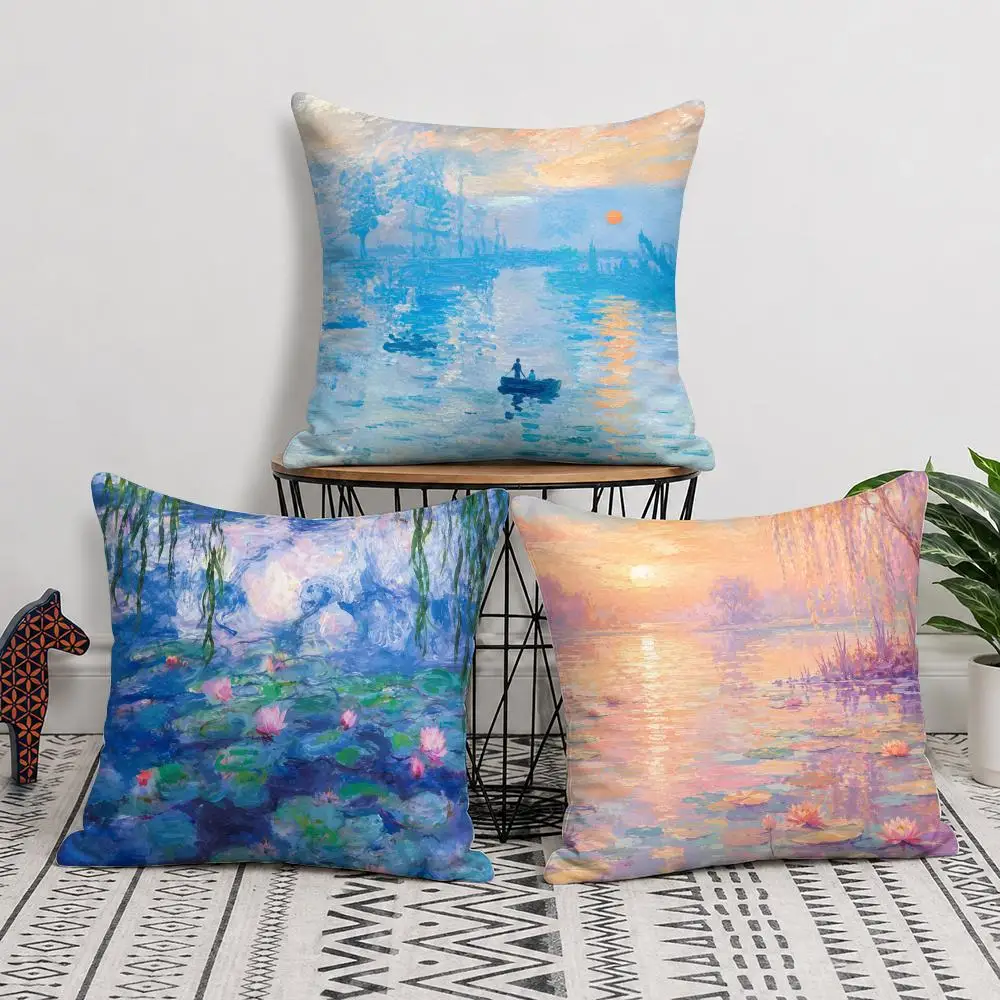 Monet Water Lilies Oil Painting Cushion Cover Short Plush Soft Double-Sided Printing Pillow Case Cozy Sofa Bedroom Home Decor