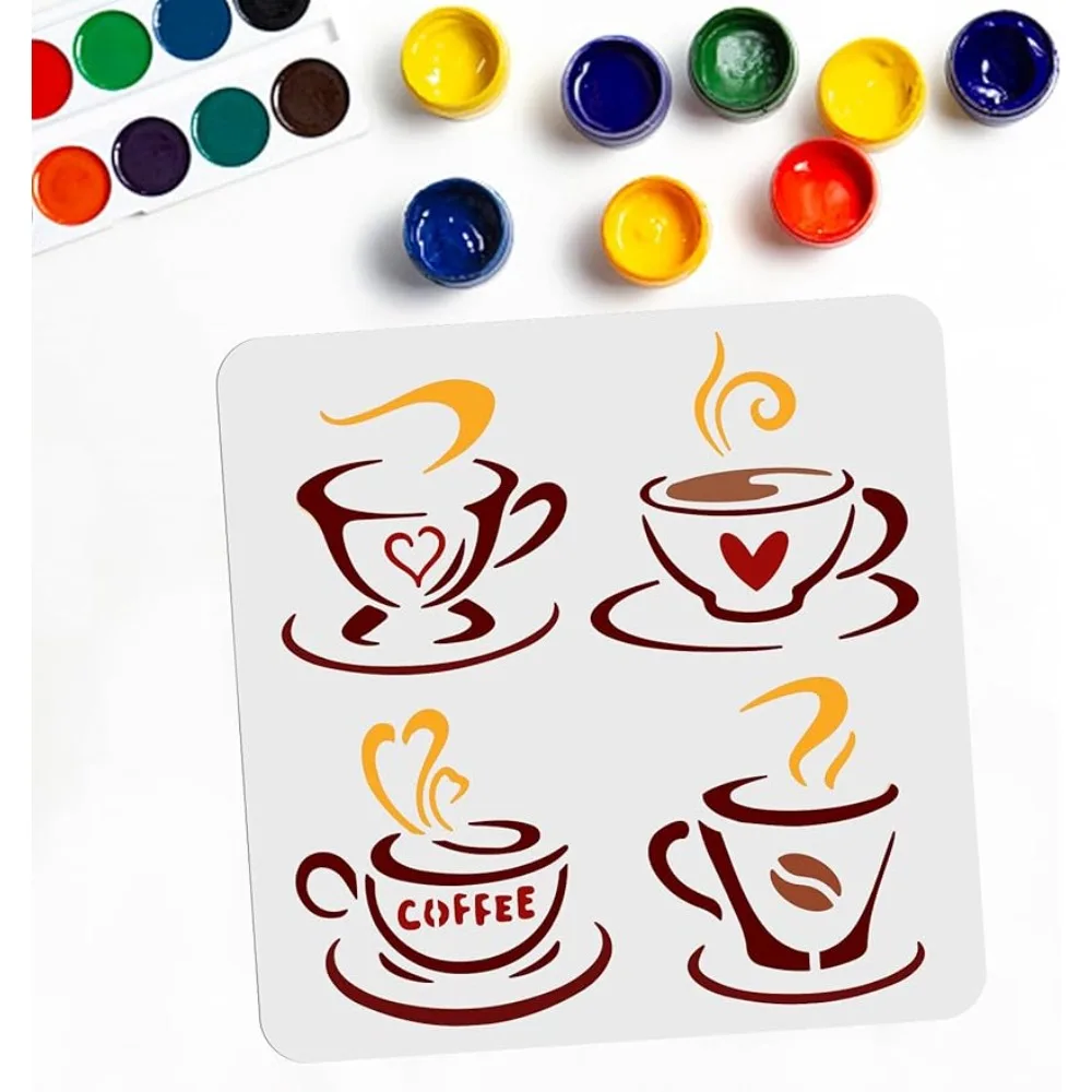 Coffee Cup Stencil Coffee Drawing Template 11.8×11.8inch 4 Patterns PET Plastic Coffee Painting Reusable Templates for Home