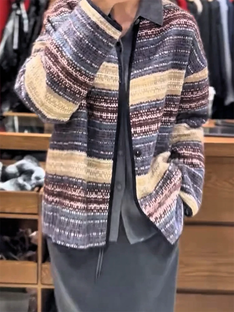 

Корейский дизайн, полосатая куртка из овечьей шерсти, женская, осенне-зимняя, новая модель, большие размеры, элегантная, стройнящая, универсальная, теплая, с функцией подогрева