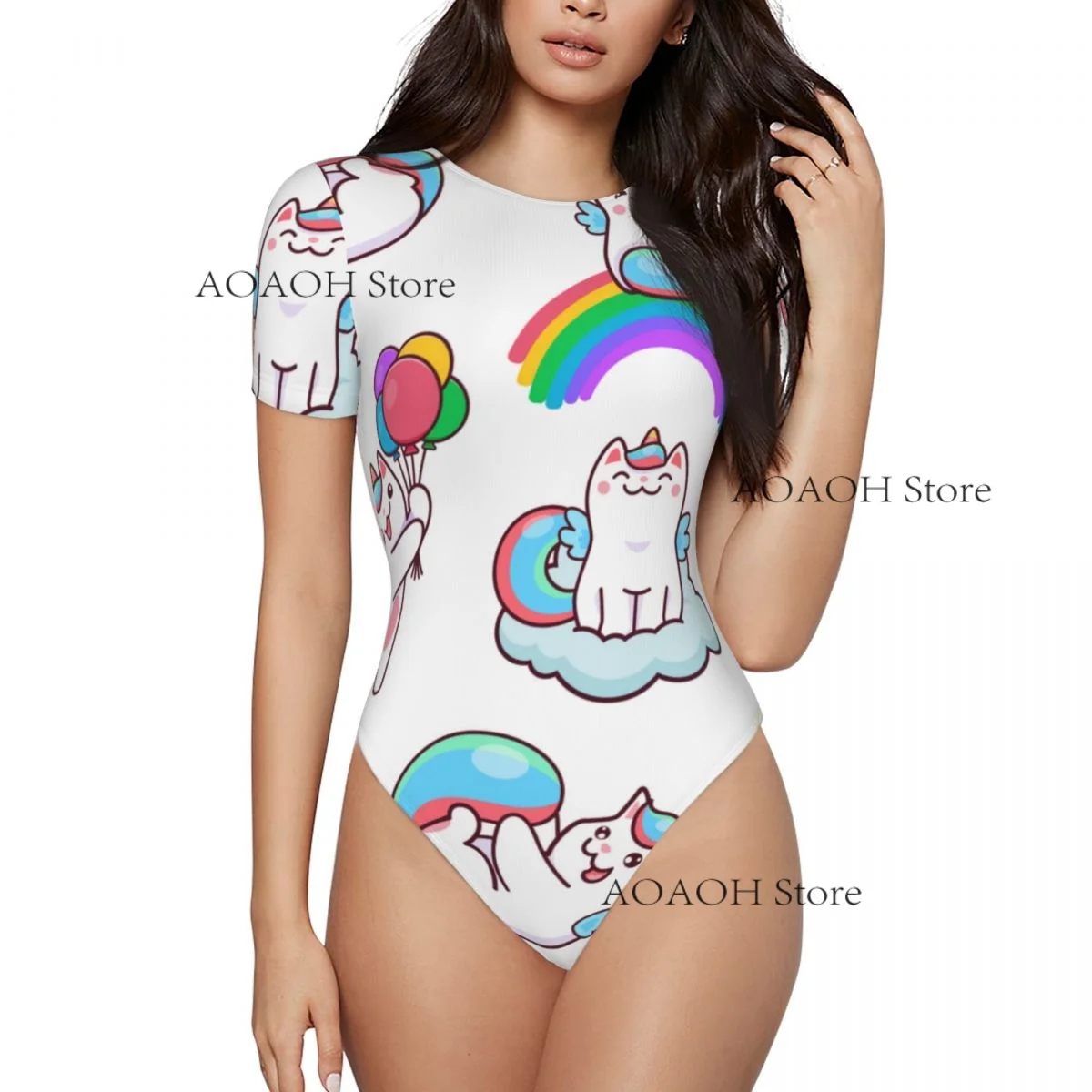 Sexy Female Jumpsuit Women Romper Bodysuit Sleeved Rainbow White Cat Woman Clothes Tight Overalls
