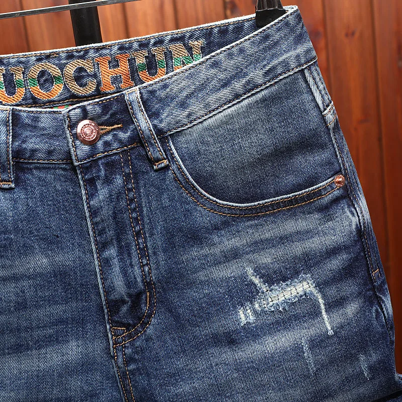 High end summer denim shorts for men with ripped patches, embroidered prints, slim fit straight leg casual cropped pants