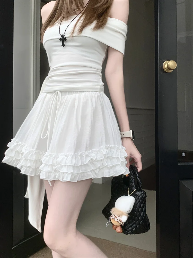 White Ballet Style Half Skirt Women's Summer New Sweet Wood Ear Ruffle Fluffy A-Line Short Skirt Slimming High Waist