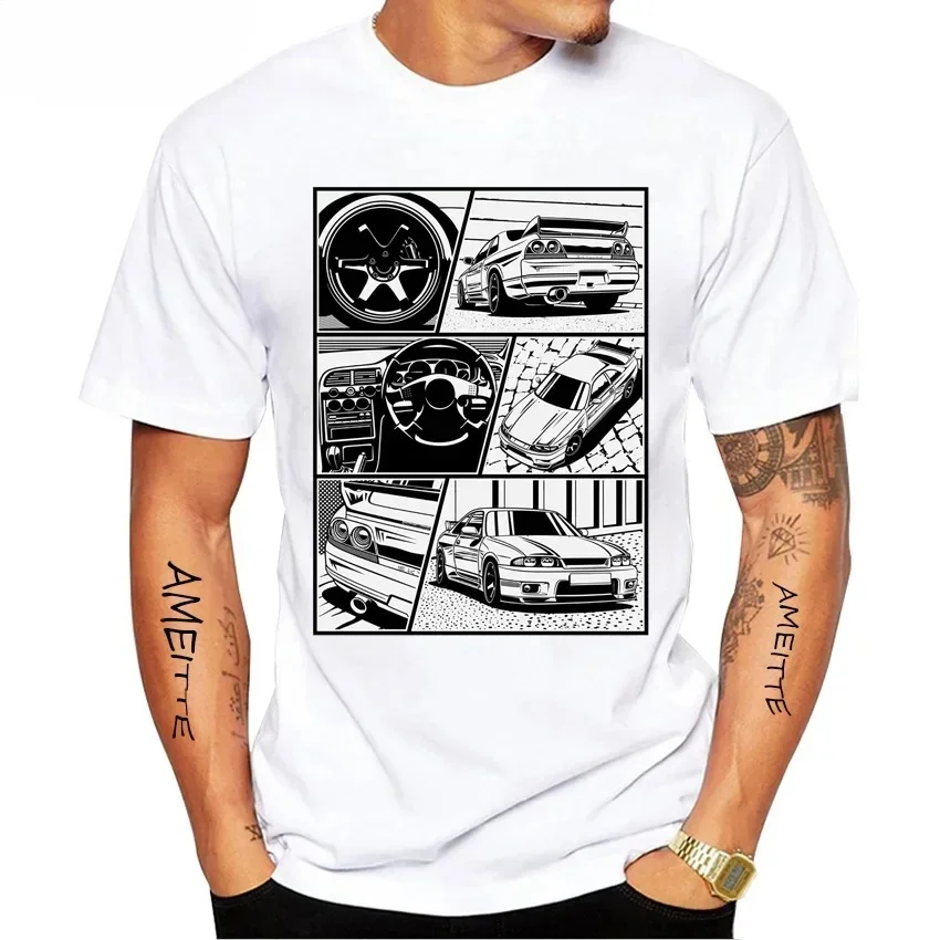 New Summer Men Short Sleeve Skyline R32 R35 R33 Manga T-shirt Harajuku Design Hip Hop Boy Casual Tops Hipster Cool Man White Tee