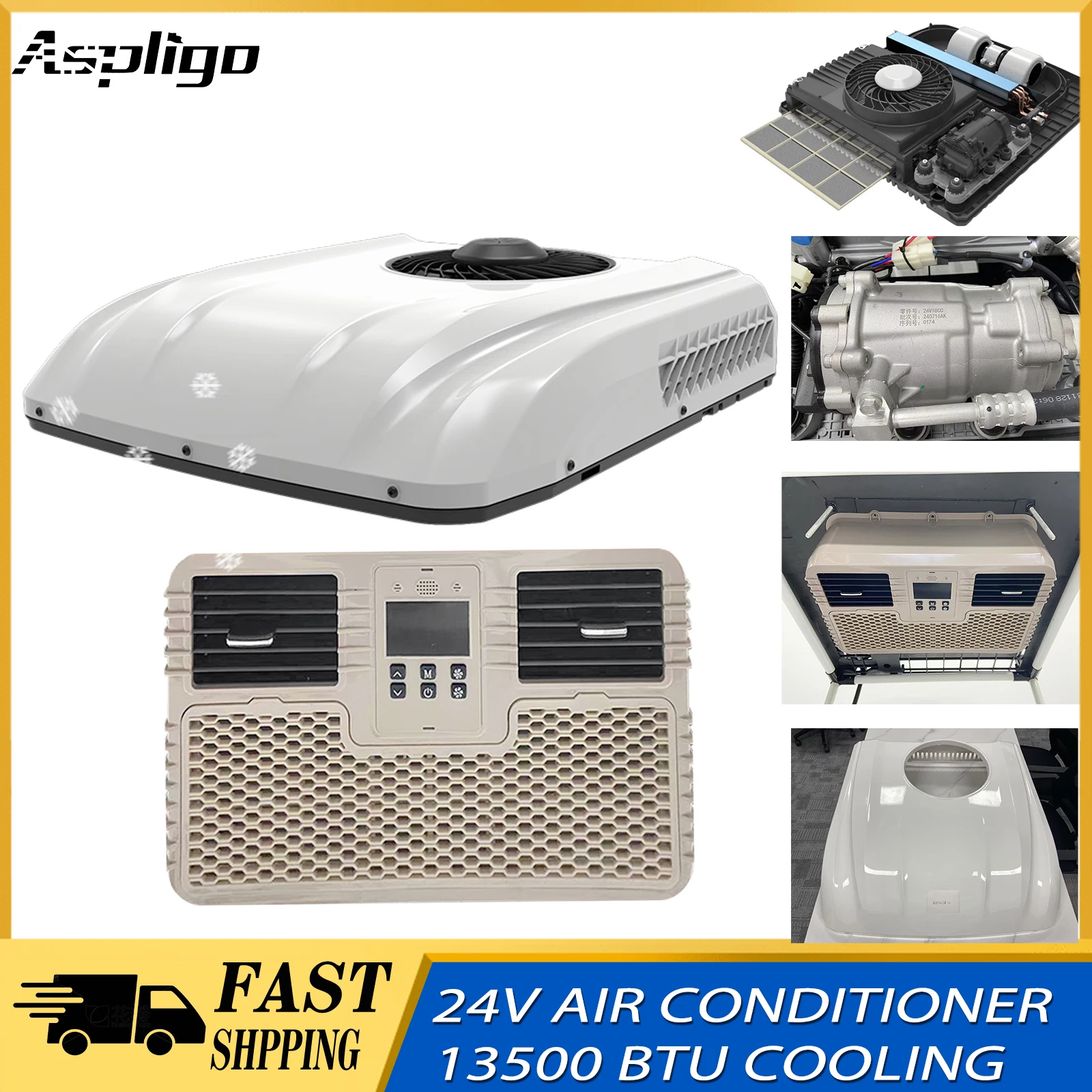 

Aspligo 13500BTU Cool Electric RV Rooftop Air Conditioner 24V New Energy Automotive Camper Van Parking Cooling Air Conditioner