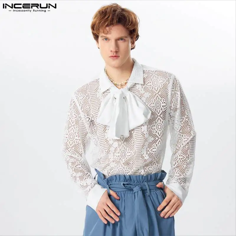 2024 Men Shirt Lace Patchwork Lace Up Lapel Long Sleeve Men Clothing Sexy Streetwear Transparent Fashion Camisas S-5XL INCERUN