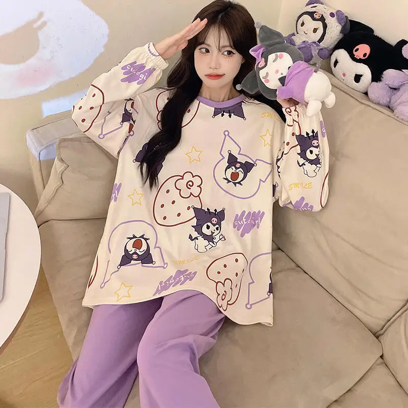 Cotton Pajamas Cartoon Kuromi Female Spring Autumn Homewear Cute Girls Sweet Long Sleeves Pants Large Size Lounge Clothes Suit