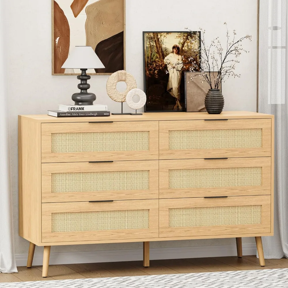 Double Dresser for Bedroom, Natural Rattan Closet Dresser with 6 Drawer,Wooden Dressers Chest for Nursery, Hallway, Living Room