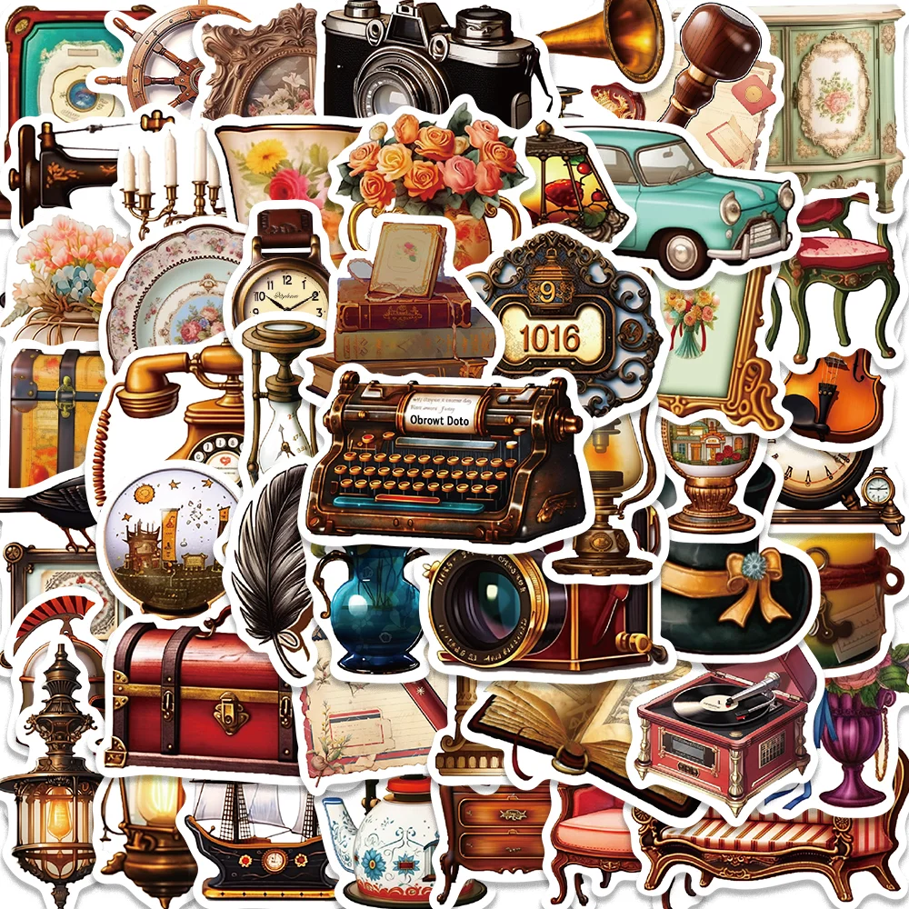 

50pcs Vintage Old Things Stickers for Envelope Diary Guitar Phone Case icebox Scrapbooking Stationery Waterproof DIY Decoration