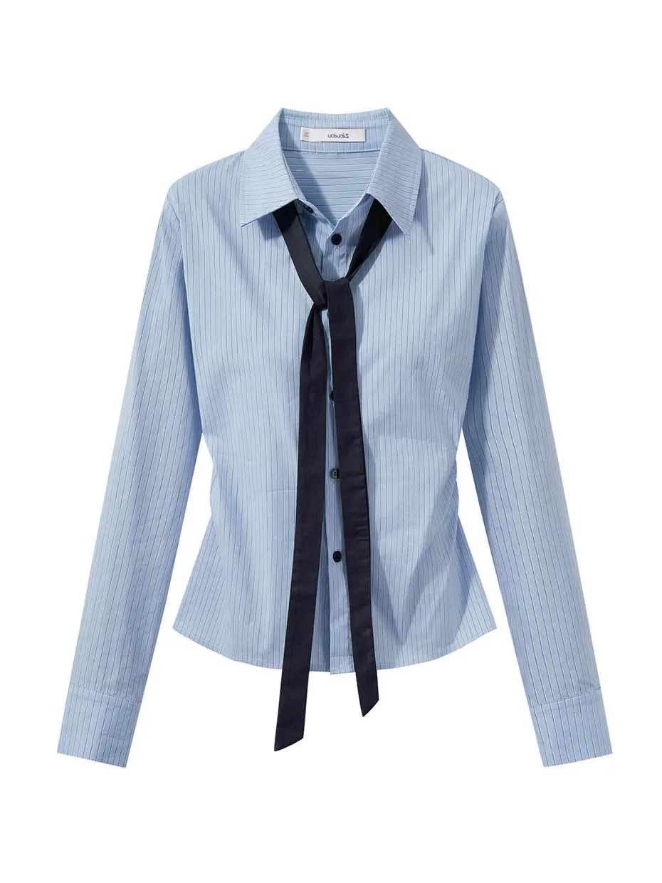 

Женская рубашка с длинным рукавом и поясом, с полосатым дизайном, укороченная, приталенная, в корейском стиле, для повседневной носки, весна 2026