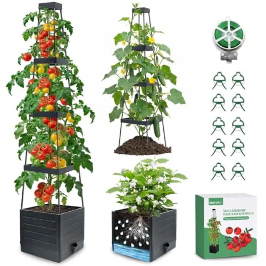

Pack Raised Garden Bed Planter Boxes with Trellis, 57" Self-Watering Tomato Planter Boxes with Trellis for Climbing Vegetable a