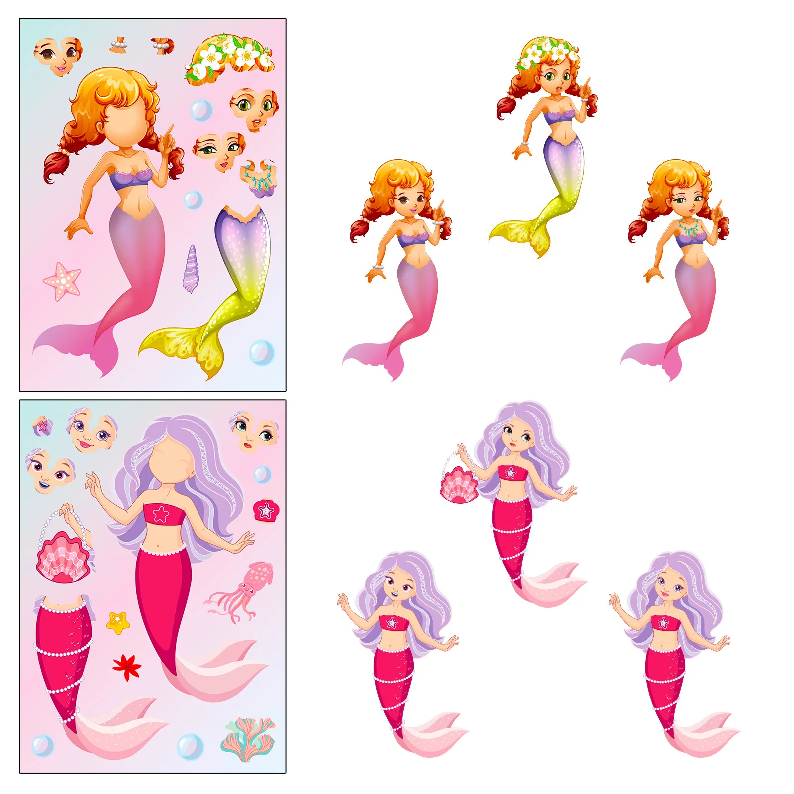 6Sheets Children DIY Puzzle Sticker Games 6 Mermaids Make A Face Funny Assemble Jigsaw Stickers Kids Educational Toys