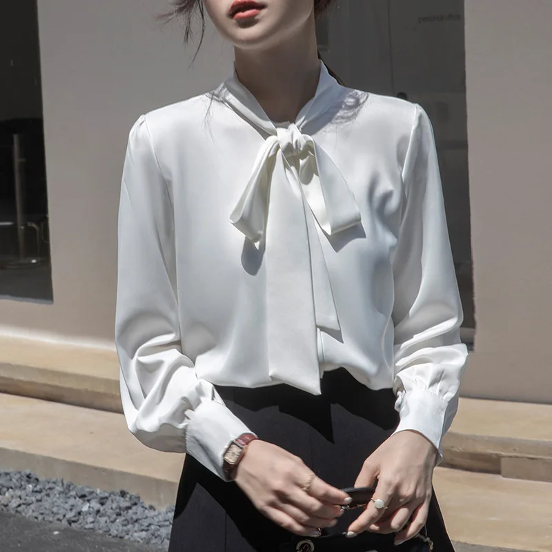 

Women Clothing Solid Elegant Chiffon Shirts Spring Long Sleeve Solid All-match Blouses Female Temperament Bow Tie Tops