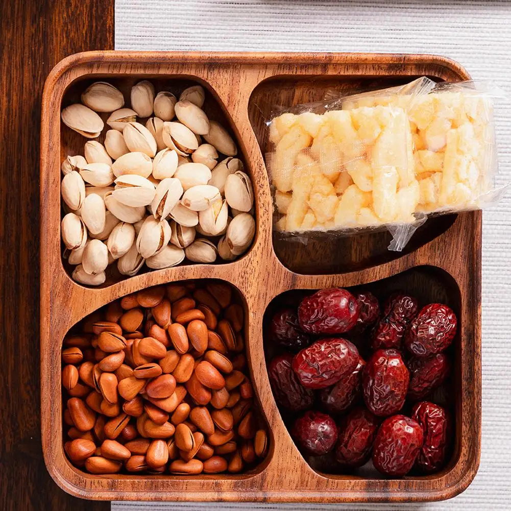 

1PC Fruit Plate 20*20*4.5cm Walnut Wood Fruit Plate & Snack Tray With Four Divided Sections Dessert Bread Foods Plates
