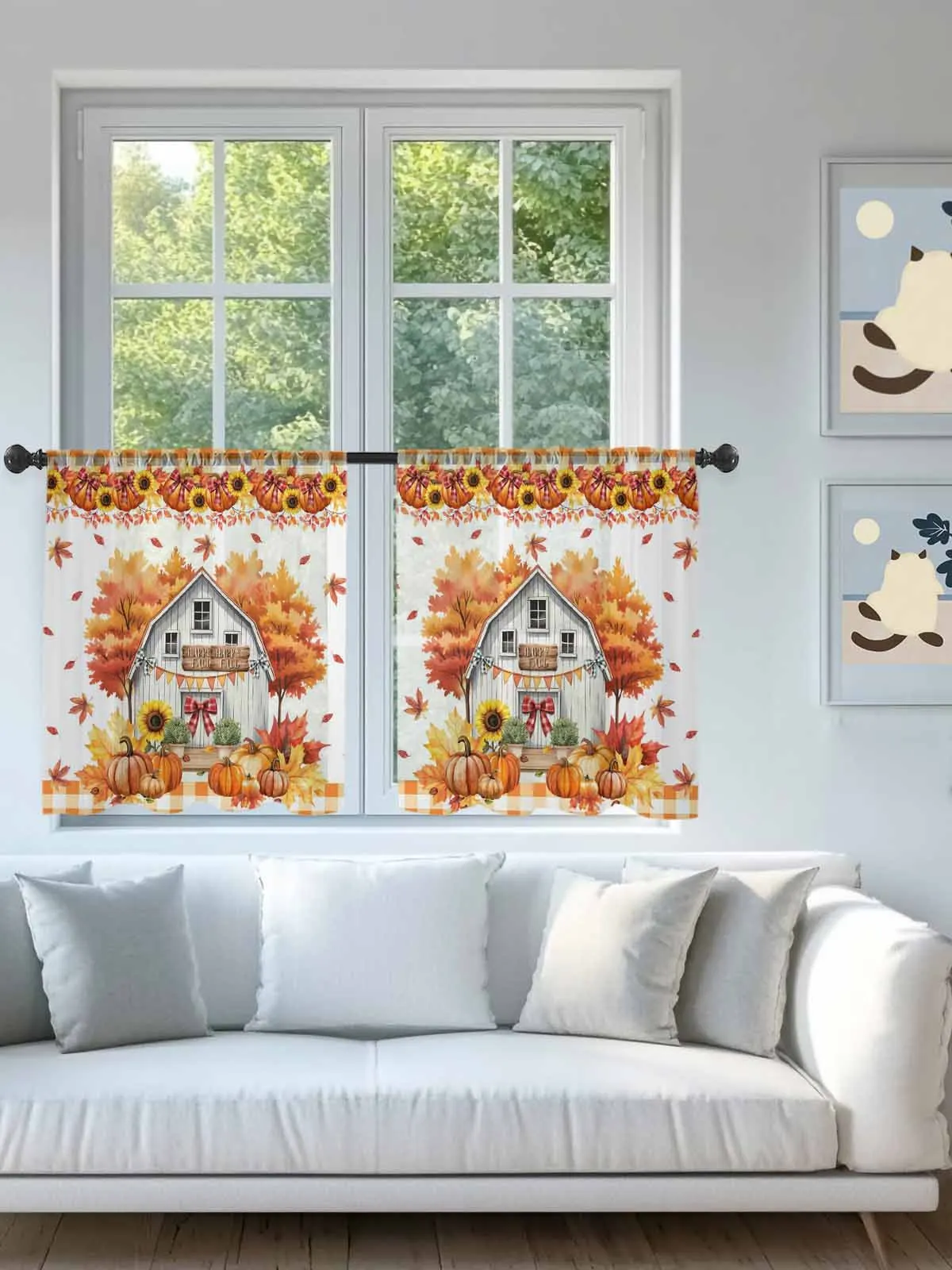 

Maple Leaf Farmhouse Pumpkin Sheer Voile Curtains for Living Room Window Treatment for Bedroom Kitchen Drapes