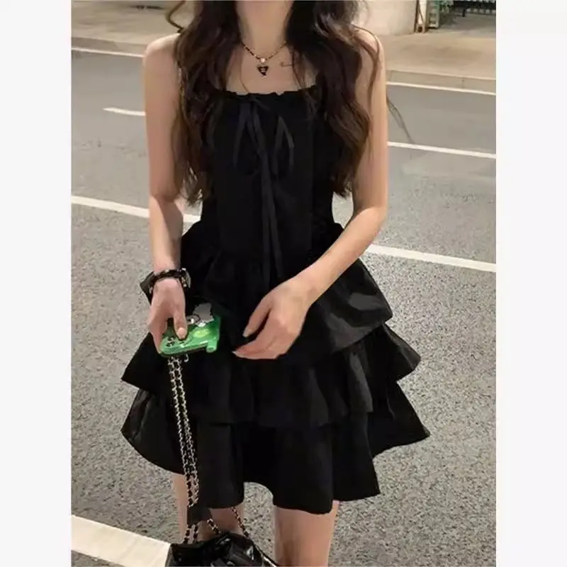 

Sweet and Spicy Little Black Skirt High End and Slim Look Lotus Leaf Edge Strap Dress Cake Skirt Children's Summer