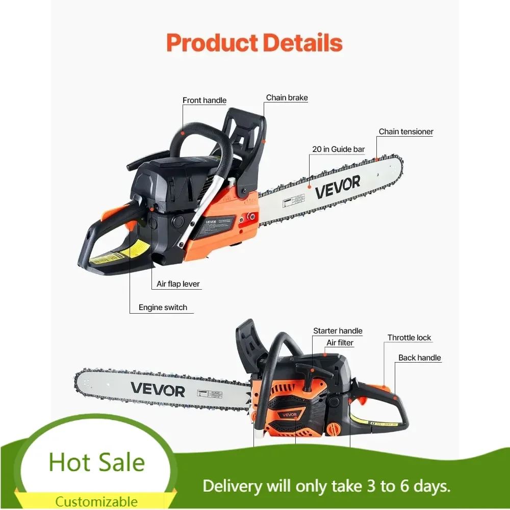 20inch 62CC Gas Powered Chainsaw, 3.8 HP 2 Stroke Engine Power Chainsaws with Non-Slip Handle,